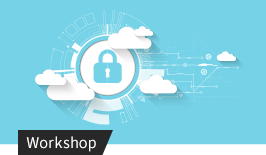 Illustration mit Vorhängeschloss-Symbol in Lupe vor Wolken und Schaltkreisen, Label "Workshop" unten links.