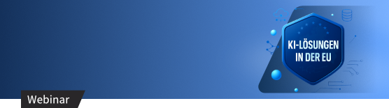 Blauer Hintergrund mit Hexagon-Symbol und Text "KI-Lösungen in der EU"