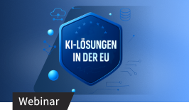 Blauer Hintergrund mit Hexagon-Symbol und Text "KI-Lösungen in der EU"