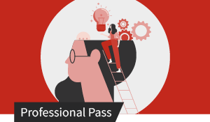 Illustration: Person auf Leiter erreicht Glühbirne und Zahnräder über dem Kopf eines Mannes, symbolisiert berufliche Entwicklung.