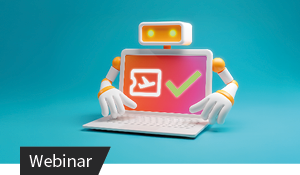 Cartoon-Roboter tippt auf Tastatur mit bunten Symbolen für Checklisten und Dokumente, Webinar-Ankündigung.
