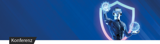 Die Figur hält eine digitale Kugel in der Hand, daneben ein leuchtendes Schildsymbol als Zeichen für IT-Sicherheit.