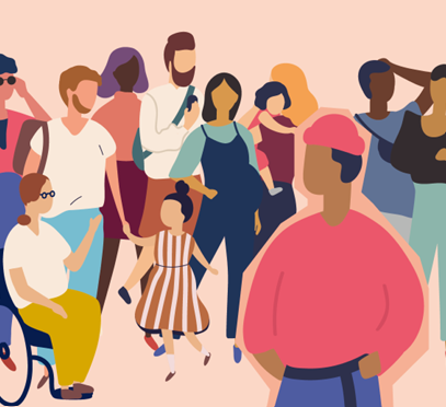 Eine bunte Grafik aus der Publikation „Vielfalt verbindet – Teilhabe stärken mit Erasmus+ Auslandsaufenthalten“ zeigt eine vielfältige Gruppe von Menschen, die modern und stilisiert dargestellt ist.