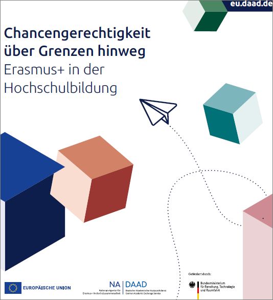Cover der Broschüre „Chancengerechtigkeit über Grenzen hinweg Erasmus+ in der Hochschulbildung“.