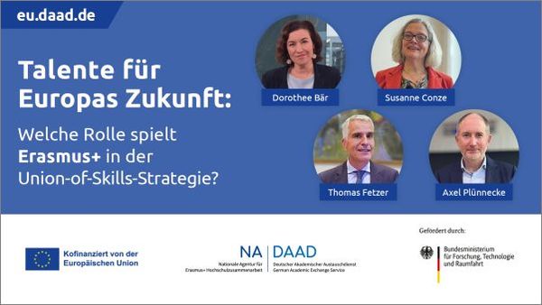 Vorschaubild des vorgestellten Videos. Zu sehen sind vier Personen aus Politik, Wissenschaft und Hochschulpraxis, die sich im Video zu der Rolle von Erasmus+ in der Union-of-Skills-Strategie äußern.