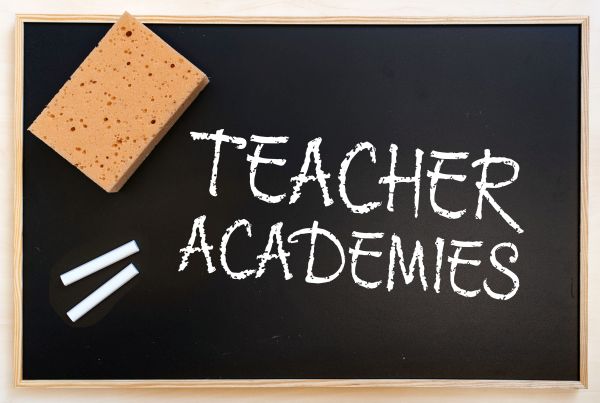Auf einer schwarzen Tafel mit Holzrahmen liegt ein Schwamm und Kreide; auf der Tafel steht der Schriftzug "TEACHER ACADEMIES" mit Kreide geschrieben.