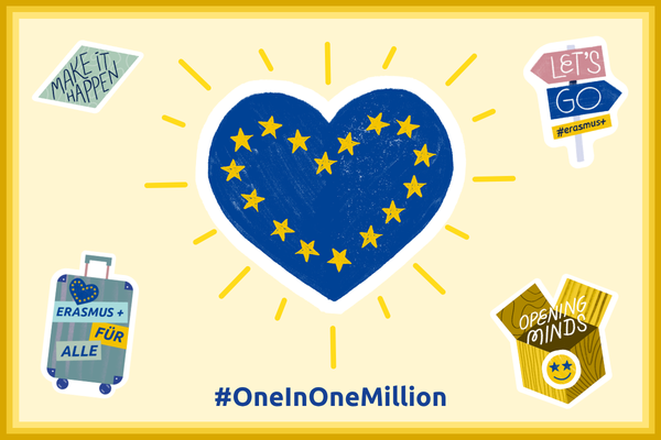 Grafik mit verschiedenen, bunten Motiven mit Erasmus+ Bezug: eine EU-Flagge in Herz-Form mit Strahlen, eine Reisekoffer, ein Wegweiser und ein sich öffnender Karton. Der Hashtag der Aktion #OneInOneMillion steht als Schriftzug unter den Grafiken.