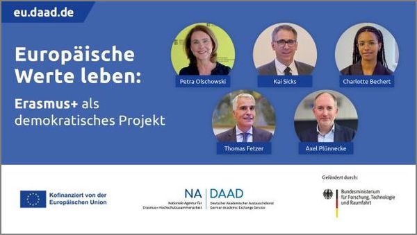 Vorschaubild des dritten Videos der "Skills & Values"-Serie. Zu sehen sind fünf Personen, die im Video sprechen sowie der Schriftzug "Europäische Werte leben: Erasmus+ als demokratisches Projekt".