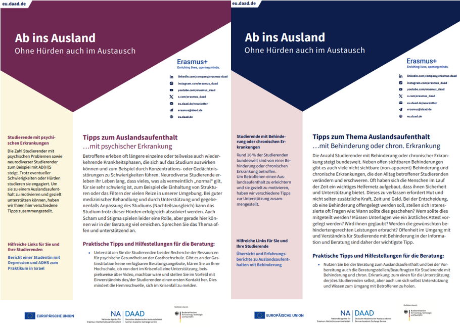 Vorschau der Infosheets "Auslandsaufenthalt mit psychischer Erkrankung" und "Auslandsaufenthalt mit chronischer Erkrankung oder Behinderung".