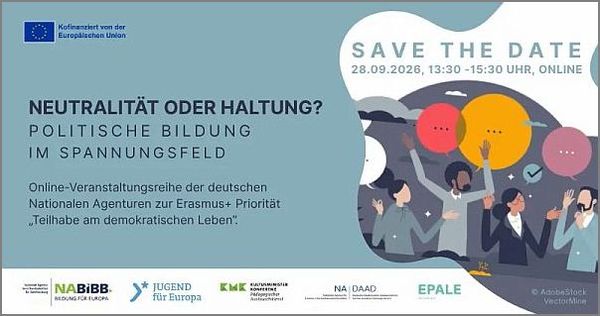 Bannergrafik mit den Eckdaten der beworbenen Online-Veranstaltung "Teilhabe am demokratischen Leben: Neutralität oder Haltung? Politische Bildung im Spannungsfeld".