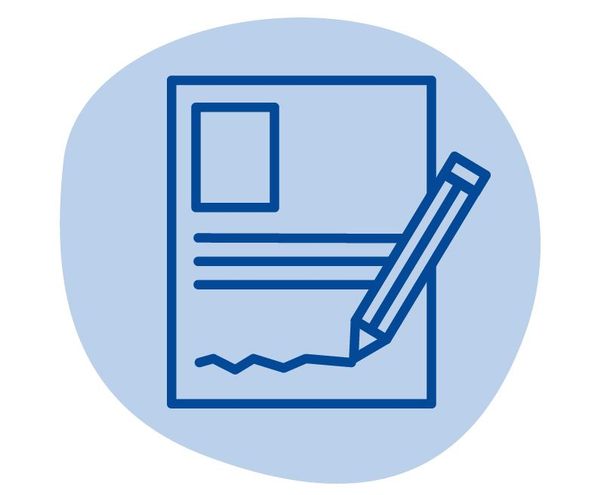 Icon eines Schriftdokumentes, welches mit einem Stift unterzeichnet wird.