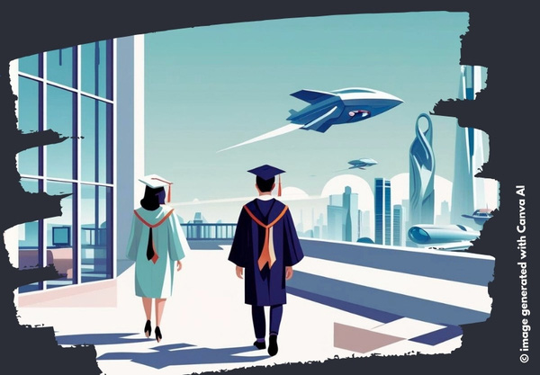 Grafik mit gezeichneten Studenten in der Zukunft