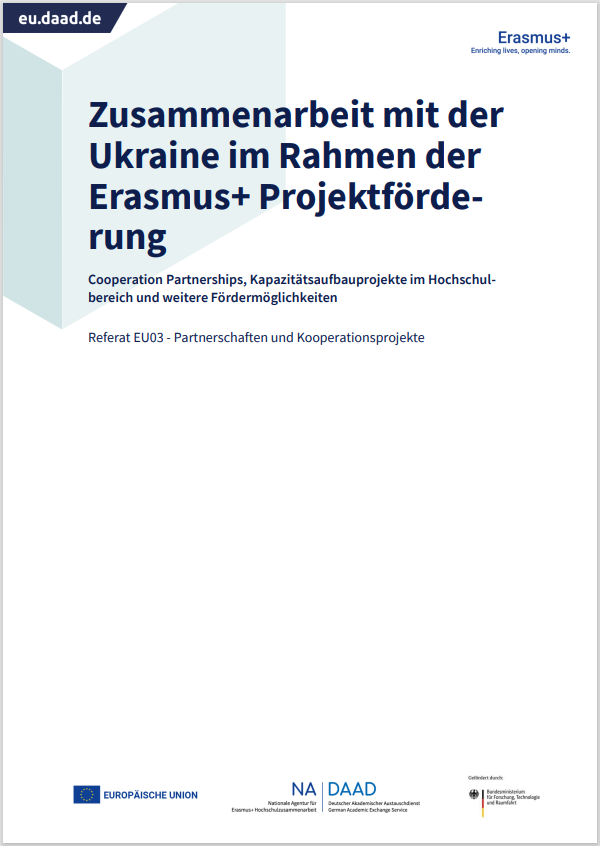 Cover des Infoblattes "Zusammenarbeit mit der Ukraine im Rahmen der Erasmus+ Projektförderung".