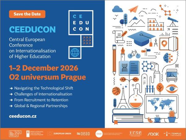 Grafik zur CEEDUCON Ankündigung. Zu lesen sind Name, Datum, Ort und Themenschwerpunkte der Veranstaltung. Abstrakte, stilisierte Symbole von Bildung, Digitalisierung, Forschung und internationaler Zusammenarbeit unterstreichen die Themen der Konferenz visuell.