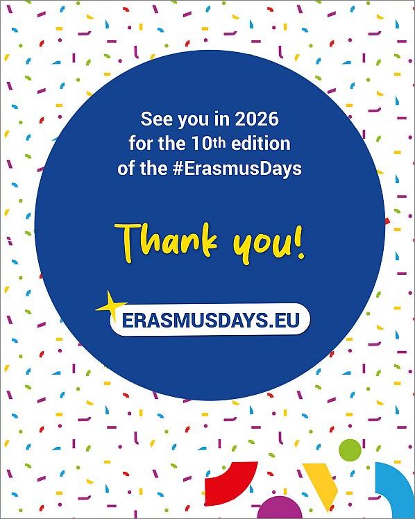 Grafik zeigt einen blauen Kreis mit der Aufschrift „See you in 2026 for the 10th edition of the #ErasmusDays“ und „Thank you!“. Darunter der Schriftzug „ERASMUSDAYS.EU“. Der Hintergrund ist weiß mit buntem Konfetti, das eine feierliche Stimmung vermittelt.