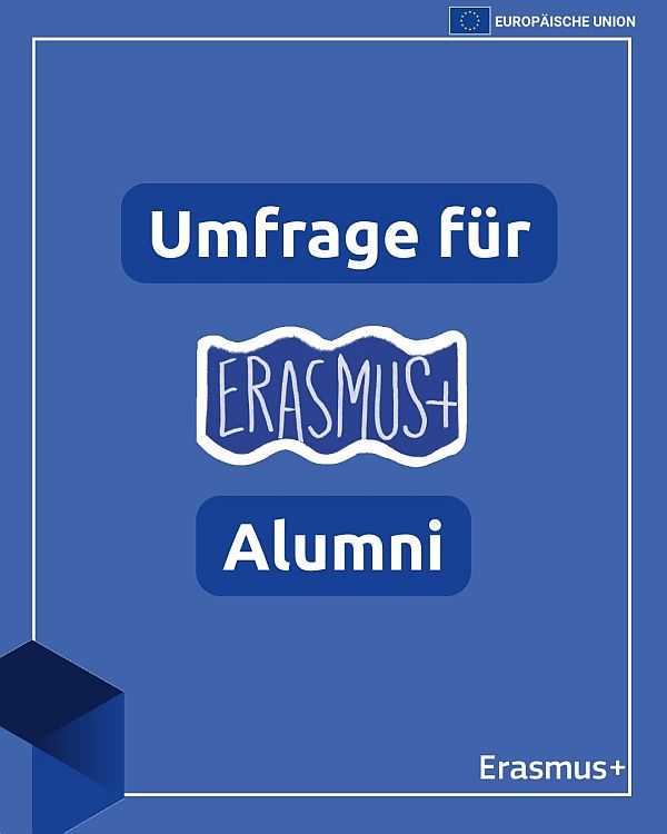 Grafik in blauen Farben mit dem Schriftzug "Umfrage für Erasmus+ Alumni".